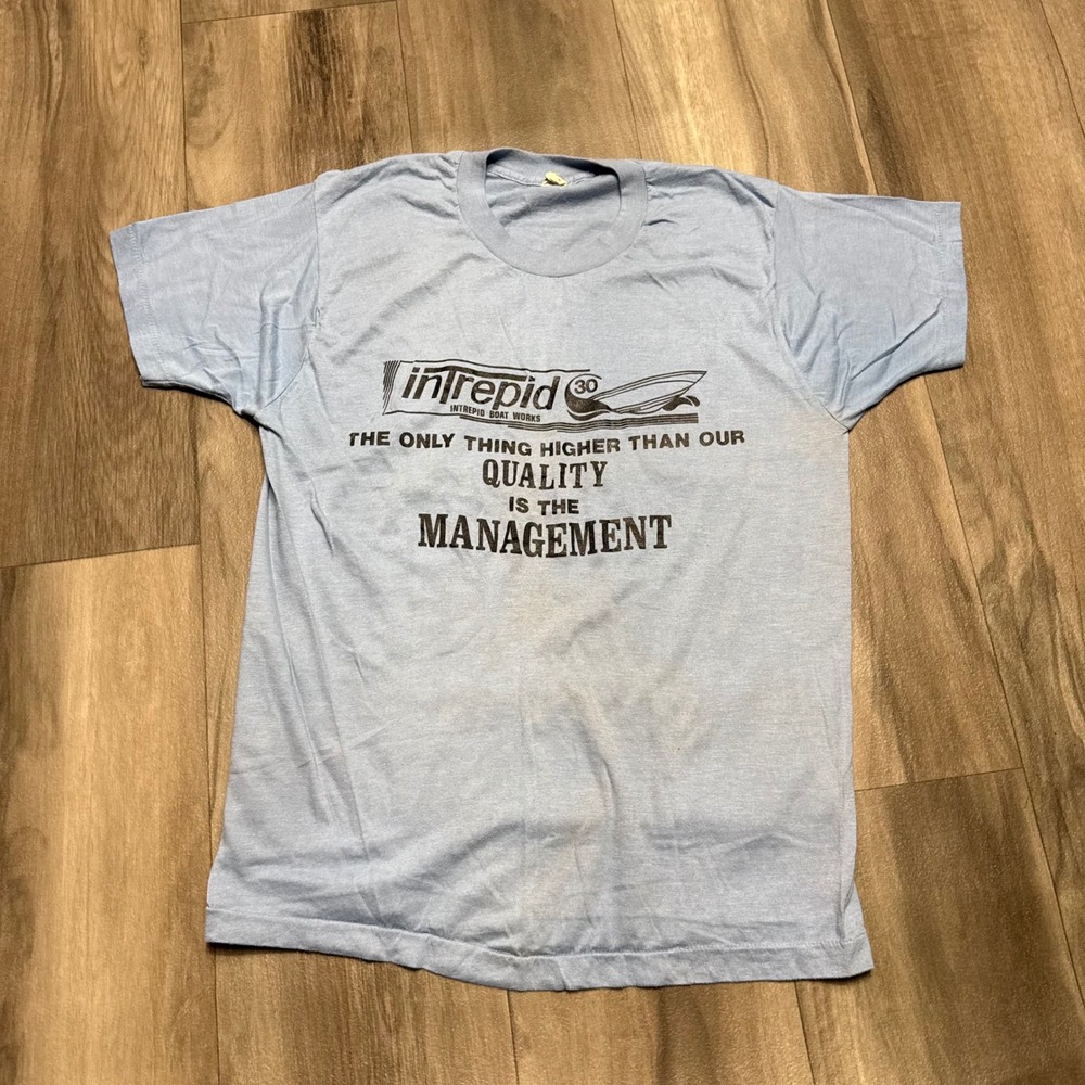 Vintage Screen Stars Intrepid Boat Works Funny T-Shirt Blue XL Single Stitch USA
